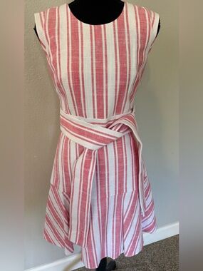 NEW J. Crew Red and White Striped Linen Dress with Waist Tie